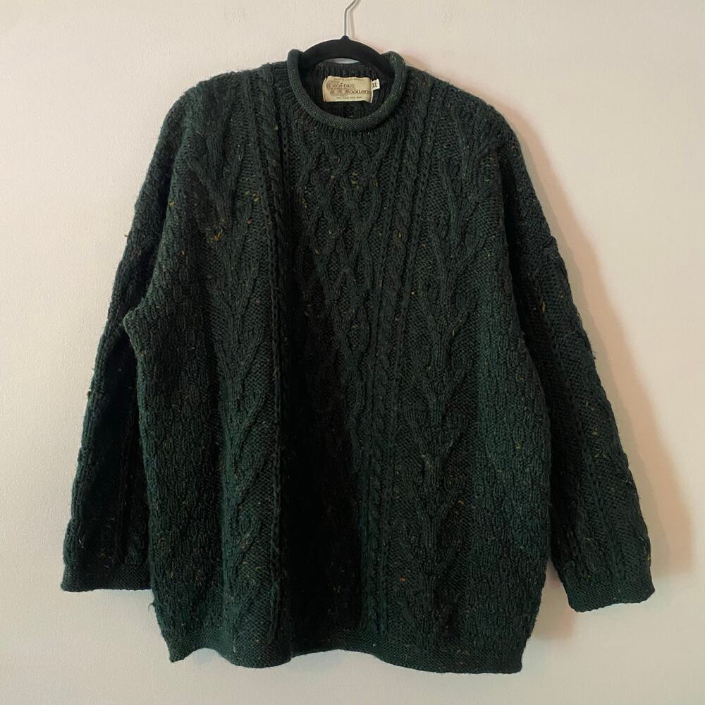 Dark Green Cable Knit Crewneck Sweater - Unbranded